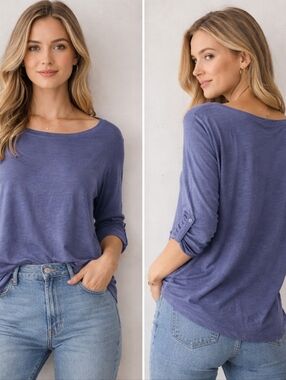 Chico’s The Ultimate Tee Blue Soft Drape Top Size 1 3/4 Sleeve Button Tab Casual